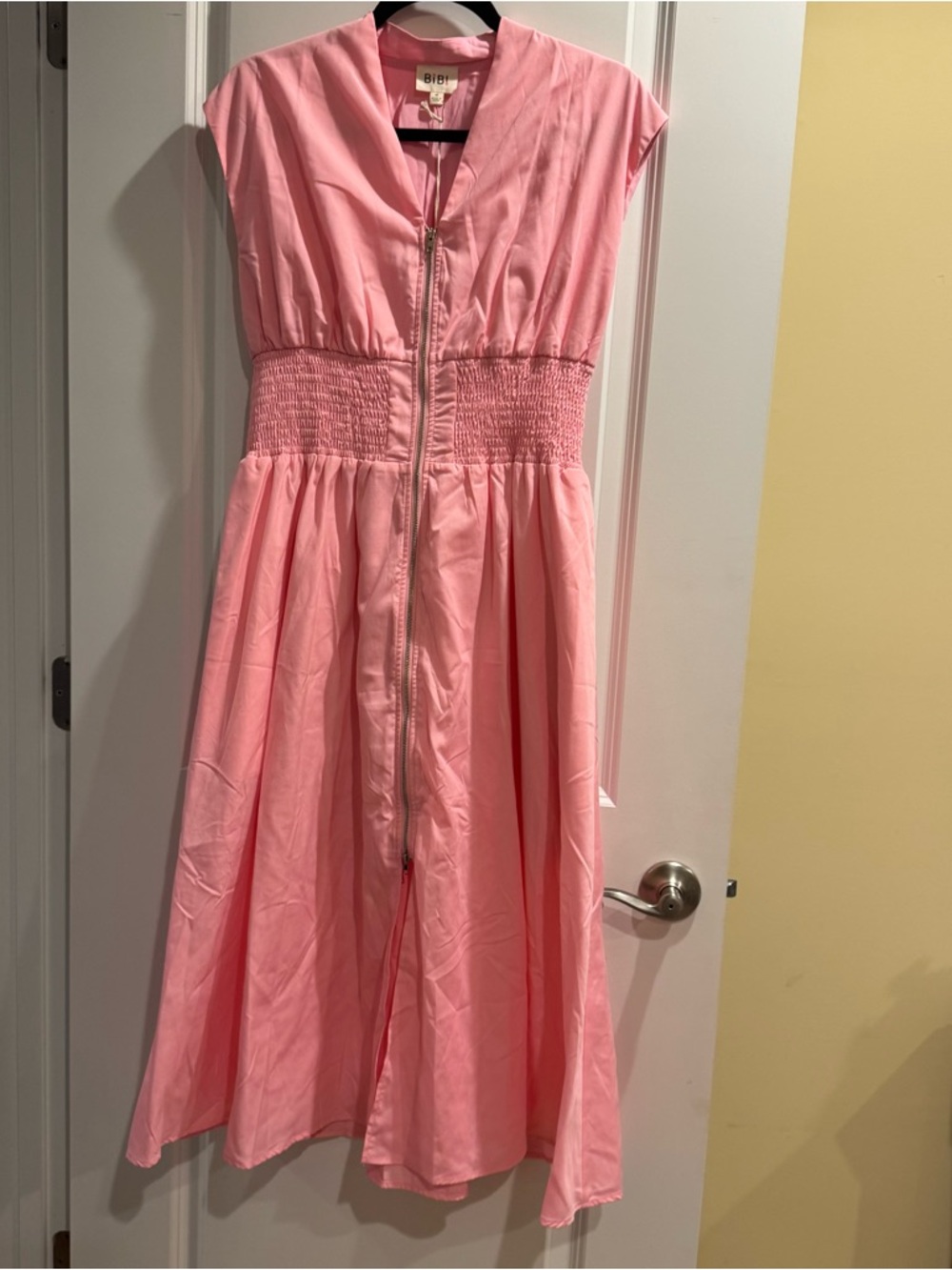 BiBi Pink Shirred-Waist Zip-Front Midi Dress